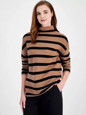 NWT T Tahari Women's Funnel-Neck Stripe Sweater Ribbed Tan & Black Size Large